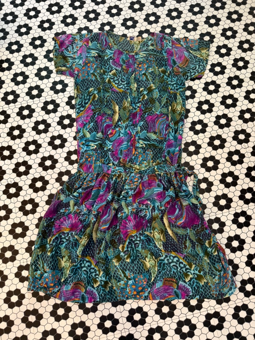 Vintage Jasmine Multicolor Teal and green tropical fish  Print Dress size medium